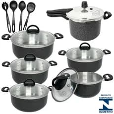 Jogo 10 Peças Caçarolas Tampa de Vidro 16/24 + Panela De Pressão Fechamento Externo 4,5L + 4 Nylon