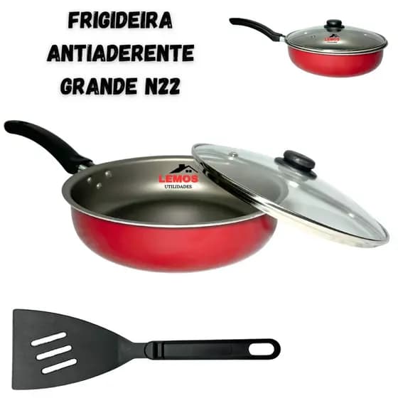 Frigideira Antiaderente Com Tampa de Vidro 22cm + Espatula Francesinha Teflon N22 Vermelha