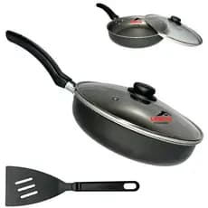 Frigideira Antiaderente Com Tampa de Vidro N20 + Espatula Francesinha Teflon 20cm Preta