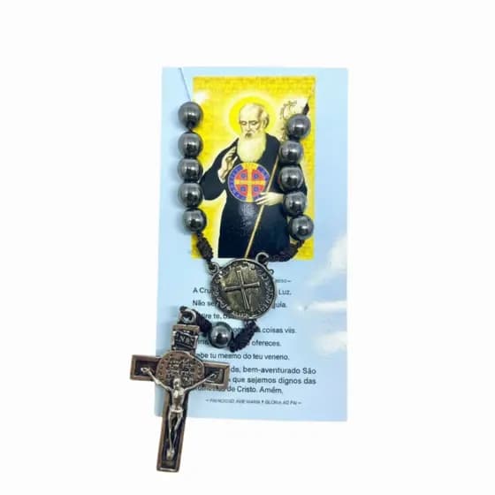 Dezena de Hematita de São Bento com Fecho Proteção e Fé Crucifixo