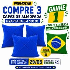 Kit 3 Capas de Almofada Drapeada em Suede Azul Royal + Brinde Bandeira do Brasil