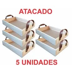 KIT 5un Milão bandeja 32x22cm - em madeira pinus com alça em couro