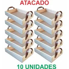 KIT 10un - Bandeja Milano em pinus com alça em couro - altura 5cm