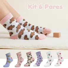 Kit 6 Pares Meia Infantil Menino Menina Criança Coloridas Estampadas Capivara Divertida Escolar