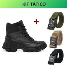 Kit Bota Coturno Militar Couro Legítimo + Cinto Masculino Estiloso Versátil Tático Confortável