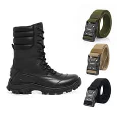 Kit Bota Coturno Couro Legítimo Militar + Cinto Masculino Versátil Estiloso Confortável Tático