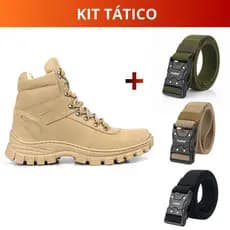 Kit Bota Coturno Militar Areia + Cinto Masculino Tático Estiloso Versátil Confortável Couro Legítimo