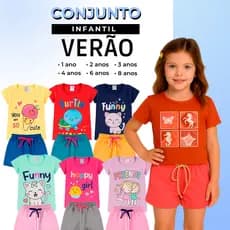 Kit 2 Peças Conjunto Infantil Verão Roupa Menina 1 Camiseta + 1 Short Promoção Feminino Criança
