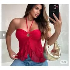 TU LEblusinha Bata Feminina com Bojo e Babado Cropped Moda Tendência Verão Tomara que Caia Amarração no Pescoço Babadinh