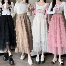 Saia Midi de Tule com Camadas Cores Femininas Elastica Romântico Saia de Babado de Camadas WK-70-2