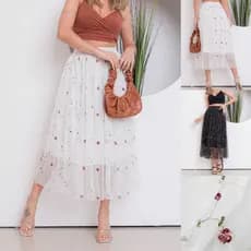 Saia Midi de Tulle com Bordado Floral da moda feminina para festa WK-51