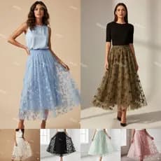 Saia Midi de Tule Feminina Floral Moda 2025 para Festa e Dia a Dia Alto Luxo Wk-93