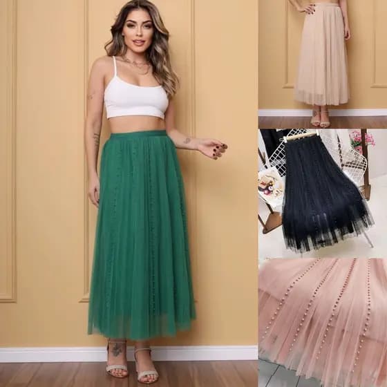 Saia de Tule Elegante e Versátil com Pérolas  ajuste elástico na cintura para Look Feminino WK-53