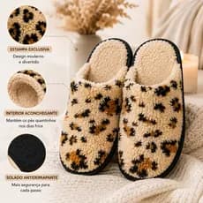 Pantufa feminina peluciada Senza Spina estampa Onça - Chinelo de Inverno