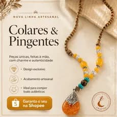 Colar Artesanal 88cm a 90cm com Contas de Madeira e Pingente Âmbar