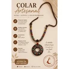 Colar Artesanal 88cm a 90cm com Contas de Madeira e Pingente Circular Colorido
