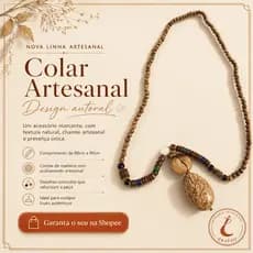 Colar Artesanal 88cm a 90cm com Contas de Madeira e Pingente Orgânico