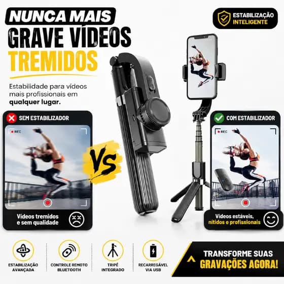 Gimbal Estabilizador Celular Com Tripé Controle Bluetooth Pau Selfie Extensível 86cm Recarregável