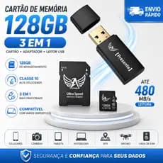 Cartão de Memória Micro SD 128GB Classe 10 3 em 1 com Adaptador SD e Leitor USB Pen Drive