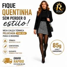 Meia Calça Térmica Peluciada Feminina Translucida Preta 85g Forrada Inverno Cintura Alta