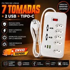 Filtro de Linha 7 Tomadas 2 USB USB-C Tipo C Bivolt Cabo 5 Metros Com Proteção Contra Surtos KA-7022