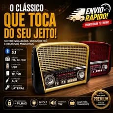 Rádio Retro Bluetooth 5.1 Portátil Recarregável 3W FM AM SW USB Cartão SD Lanterna Bivolt