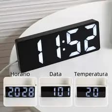 Relógio Despertador Digital De Mesa 16X2X6cm Alarme Temperatura 3  Pilha AAA Usb PRETO/ BRANCO  Com Led abbot store