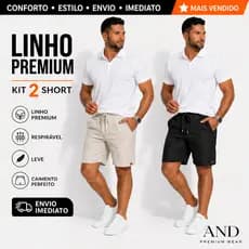 Kit 2 Shorts Linho Masculino Básico Mauricinho Premium - Bermuda em Linho moda Praia verão