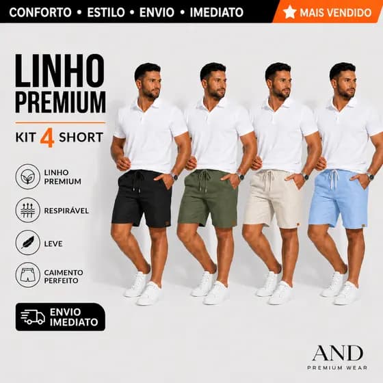 Kit 4 Shorts Linho Masculino Mauricinho Premium - Bermuda em Linho moda Praia verão