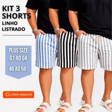 KIT 3 SHORTS MAURICINHO LINHO LISTRADO PLUS SIZE G1 AO G4