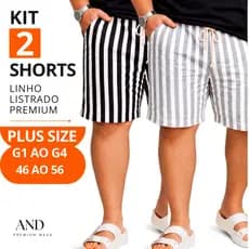 KIT 2 SHORTS MAURICINHO LINHO LISTRADO PLUS SIZE G1 AO G4