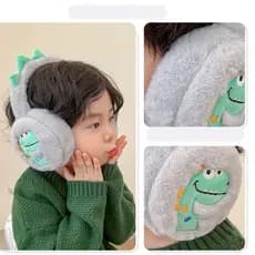 Protetor de Orelha Infantil Dinossauro Masculino Dobrável Inverno Quentinho Azul Cinza