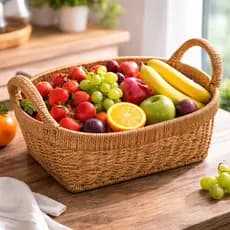Cesta Rattan Sintético Multiuso Com Alça Fruteira Organizador Cozinha Mesa Decorativa