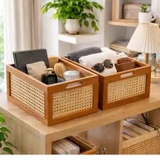 Par Cestos Madeira e Bambu Organizador Multiuso Decoração Casa Cozinha Elegante