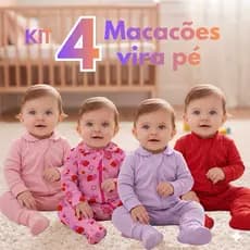 Kit 4 macacão vira pé com zíper 100% algodão menina menino bebê liso estampado