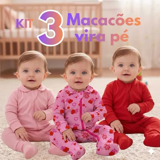 Kit 3 macacão vira pé 100% algodão menino menina liso estampado