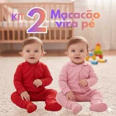 Kit 2 macacões com zíper vira pé 100% algodão menino menina bebê