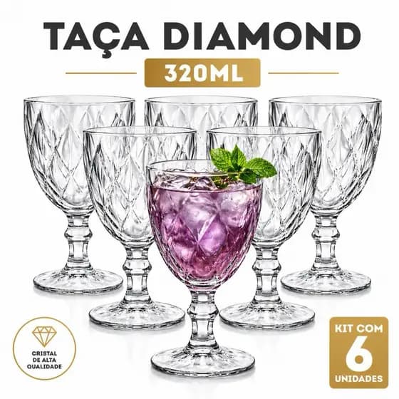 Jogo De 6 Taças De Vidro transparente Diamond 320ml Com Design Sofisticado