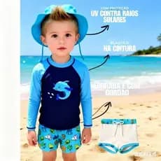Conjunto Praia Menino Camiseta Uv 50+ Com Sunga E Chapéu Verão 1781-2025