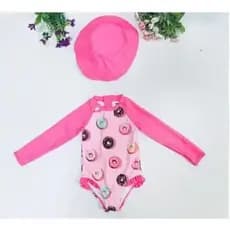 Maiô Infantil Manga Longa Com Chapéu Menina Infantil Bebe Proteção Solar Uv 50 Maio Moda Praia 1768-01