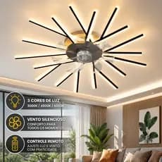 Ventilador de Teto LED 2 em 1 com Controle Remoto Luz Regulável 3 Cores de Luz Silencioso Bivolt