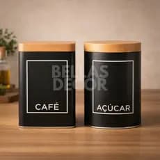 Porta Café e Açúcar 2 Potes Herméticos Preto Fosco com Tampa de Bambu Organizador Cozinha