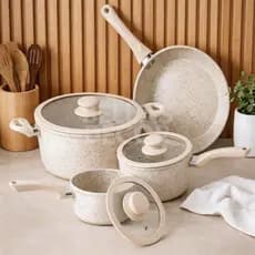 Kit Jogo Panelas 4 Peças Revestimento Cerâmica Marmorizado Creme Antiaderente Premium Tampas Vidro Organização Cozinha