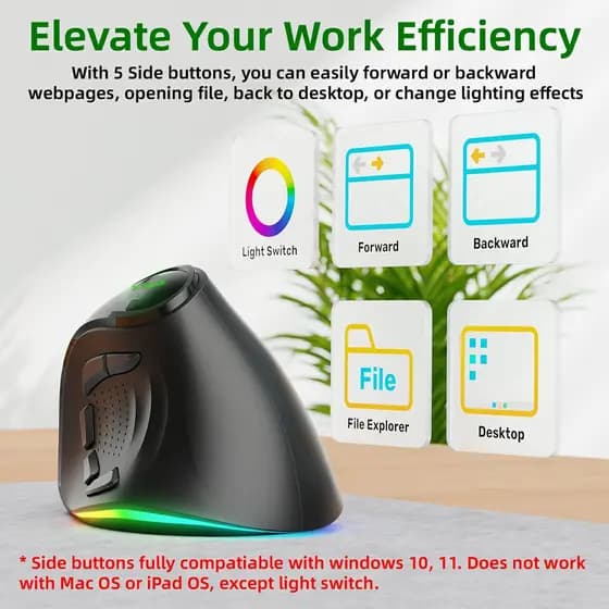 JOMAA Bluetooth Modos Duplos Mouse Sem Fio Vertical RGB Retroiluminado Recarregável Silencioso Para Desktop