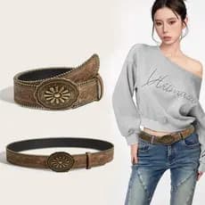 Cinto Largo Decorativo Vintage em PU Azul com Entalhes, Cinto de Jeans Estilo Ocidental Boêmio com Relevo Marrom