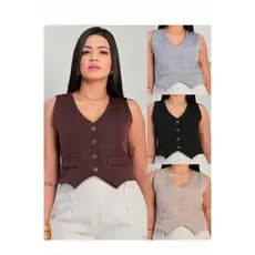 Colete Coletinho Feminino Alfaiataria Curto C/ Botões Social Decote Estilo Social Moderno