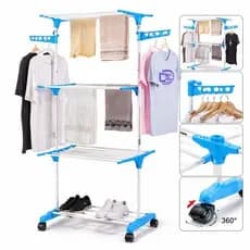 Varal Chao 3 Andares Bandejas Cabideiro Azul Compacto Versatil Secagem Roupas Organizacao Casa