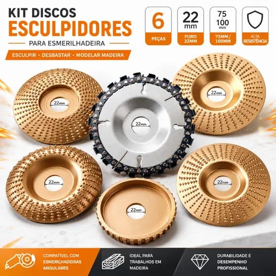 Kit 6 Disco Desbaste E Corte Madeira 100mm/75mm P/ Esmerilhadeira Furo 16/22mm Dourado