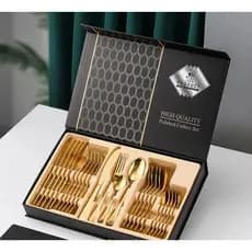 Jogo Talheres Inox Dourado Polidos de Alta Qualidade 24 Peças Premium Luxo Com Maleta