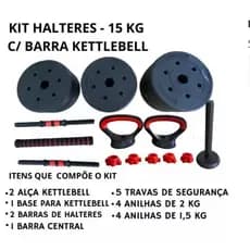 Kit Treino Funcional 15kg Halteres Barra Supino Kettlebell Preto
